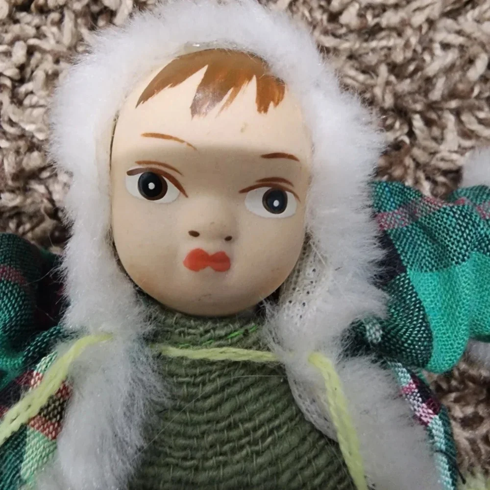 Vintage Eskimo Sandbag Mini Doll Hand-Painted Porcelain Face Green Coat